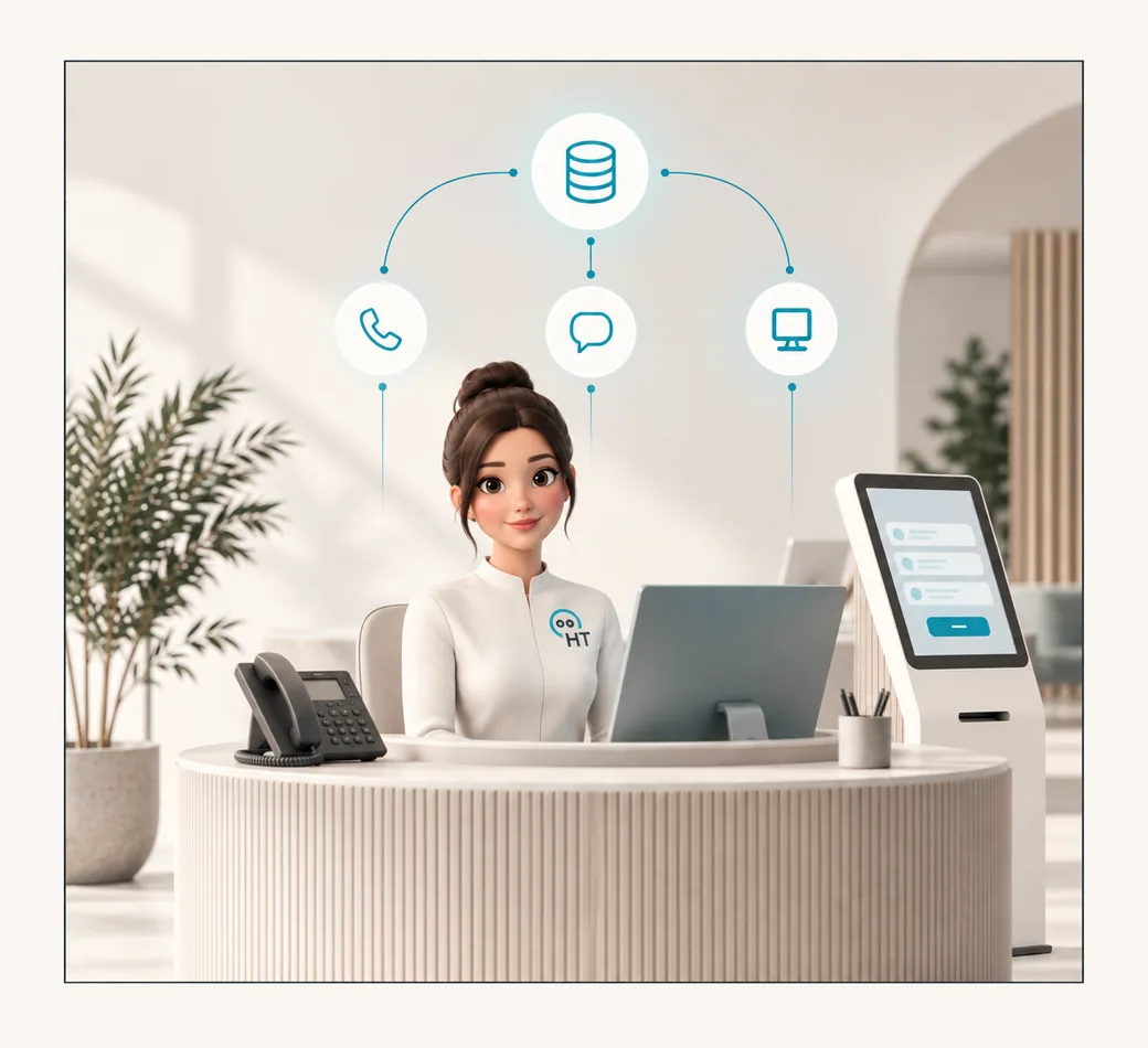 Digitale Empfangskraft von Humanizing Technologies am Tresen — angebunden an Telefon, Chat und Kiosk über eine gemeinsame Wissensbasis
